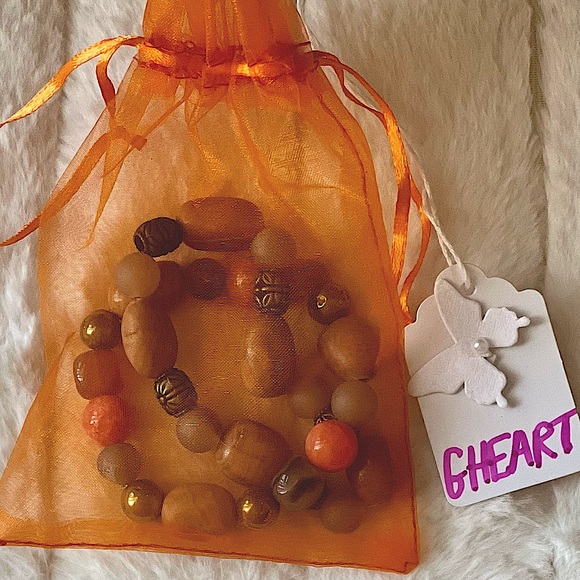 Woman’s Genuine Orange & Natural Stone & Gold Bead Earthy Bracelet - Picture 3 of 4